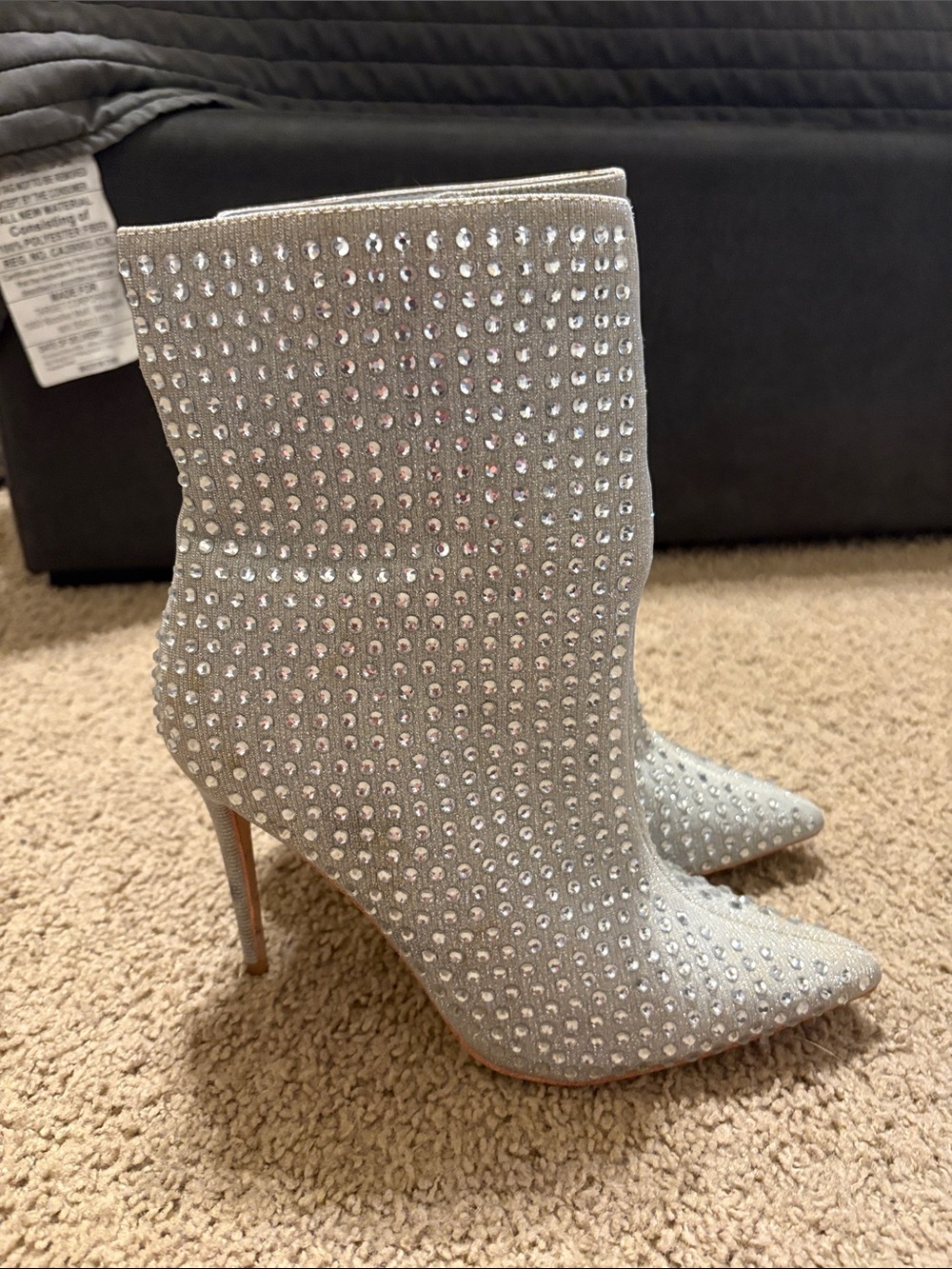 Crystal Embellished Silver Pointed-Toe Stiletto Booties
